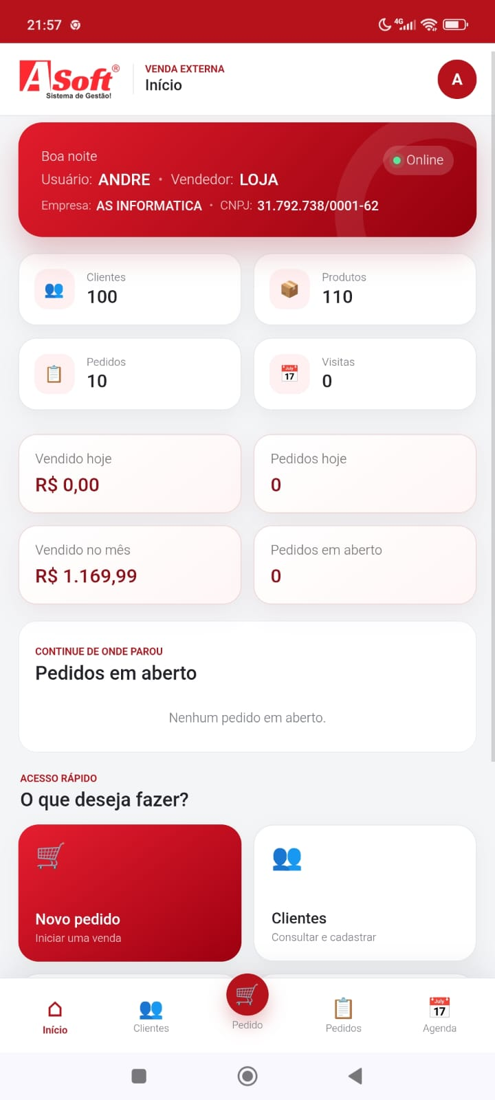 Tela do App de Venda Externa ASoft